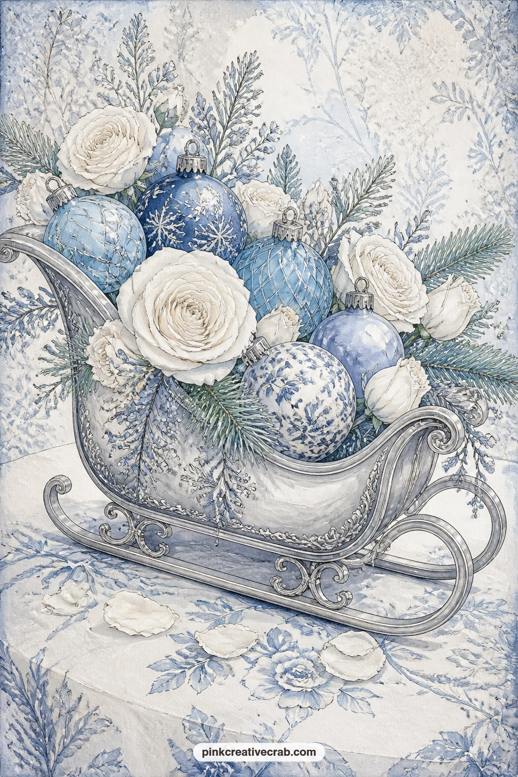 Silver Sleigh Centerpiece printable page — A small silver sleigh sits at the centre of a table filled with blue glass ornaments and loose white roses spilling