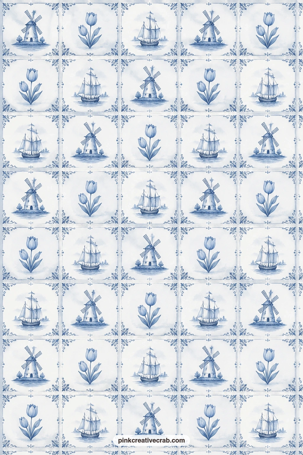 Delft Tile Pattern printable page — This all over delft tile pattern works well tucked behind a photo of a holiday table, cut into strips for pocket linings