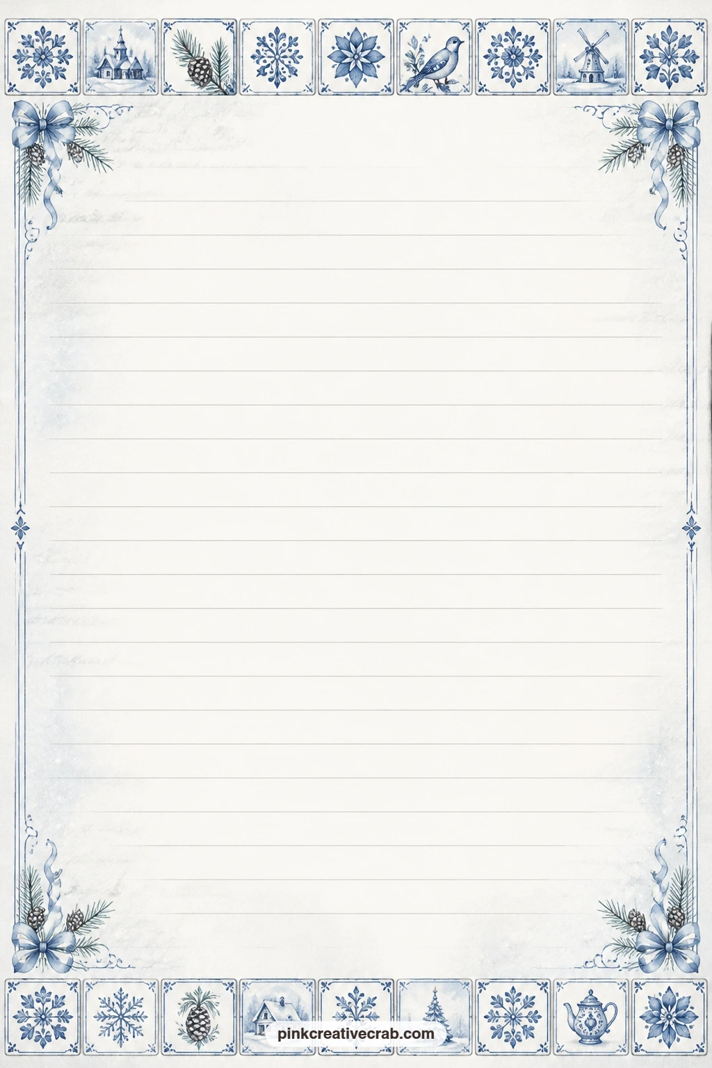 Delft Tile Border Lined Page printable page — Use the ruled lines inside this delft tile border for a gift list, a short menu for holiday tea, or a letter to