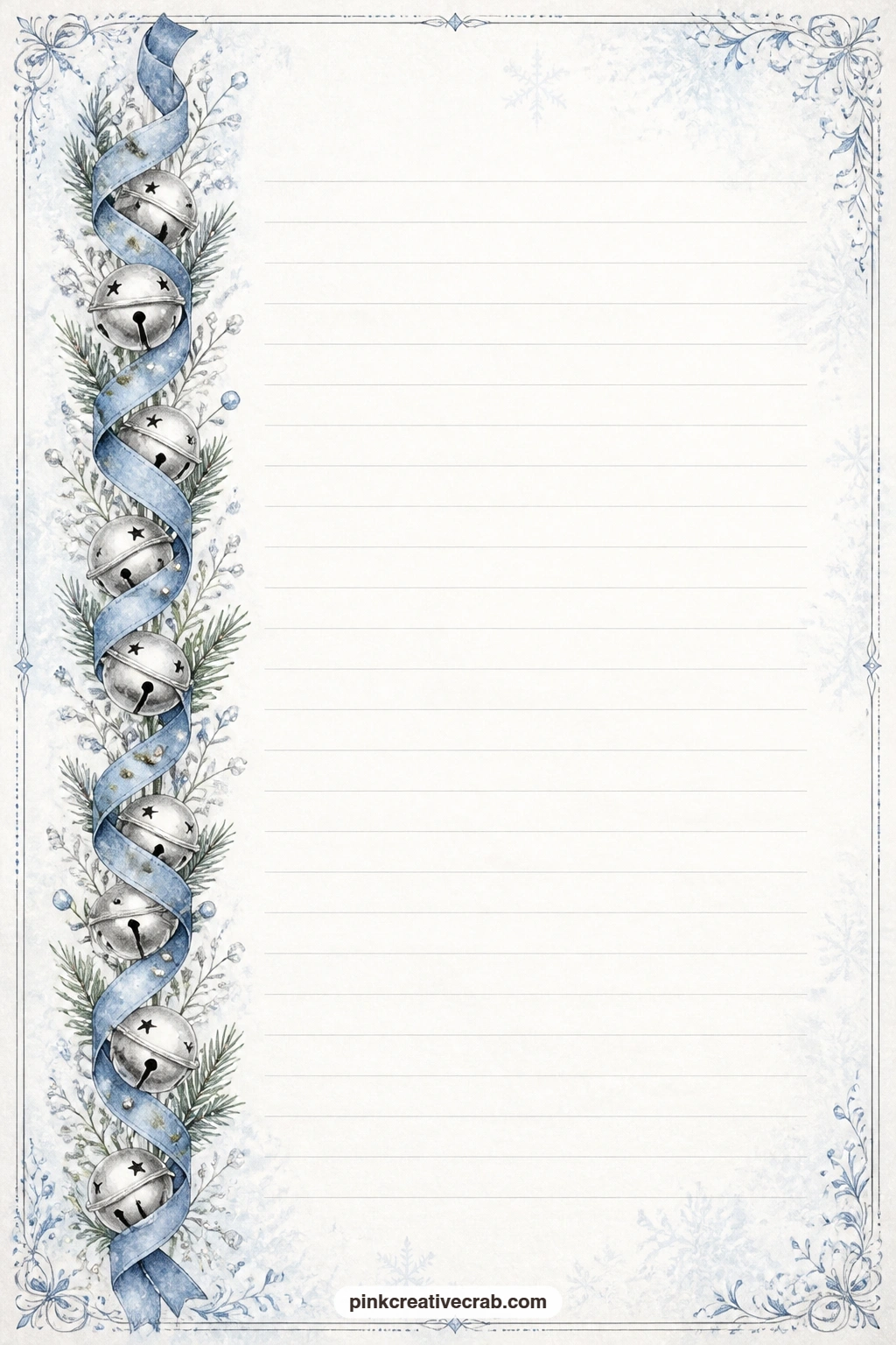 Ribbon and Silver Bell Band Lined Page printable page — This side band of ribbon and bells leaves the rest of the page open for a letter to a friend, a short
