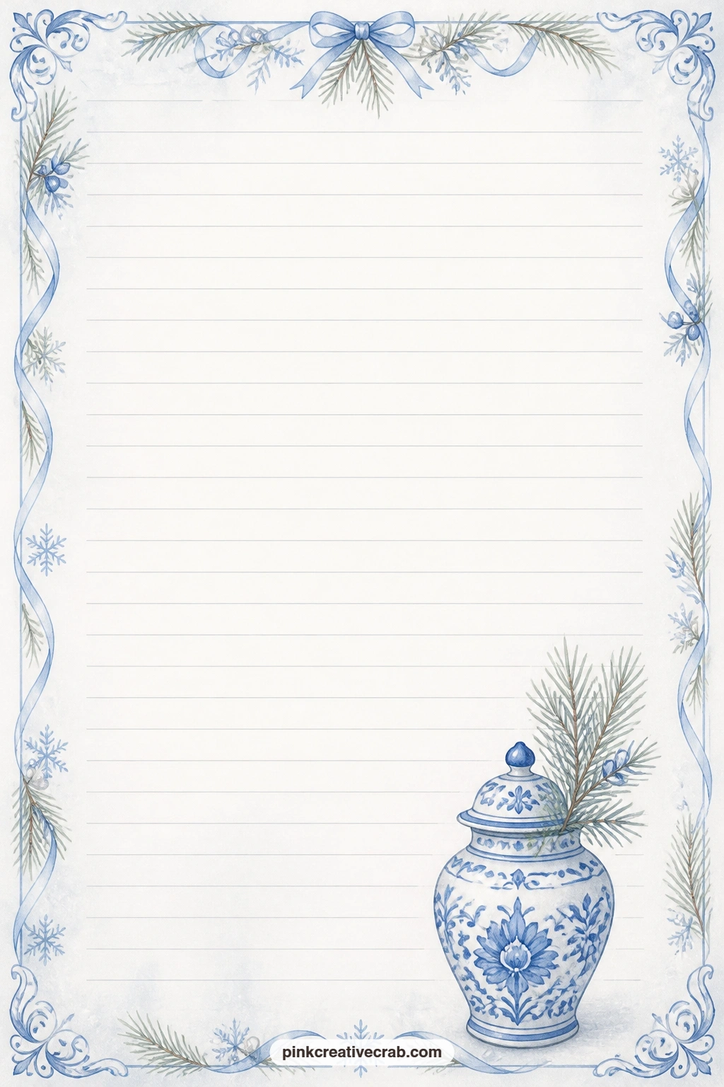 Ginger Jar and Pine Corner Lined Page printable page — Use the open lines here for a packing list for gifts to mail, notes on a family recipe, or a page simply