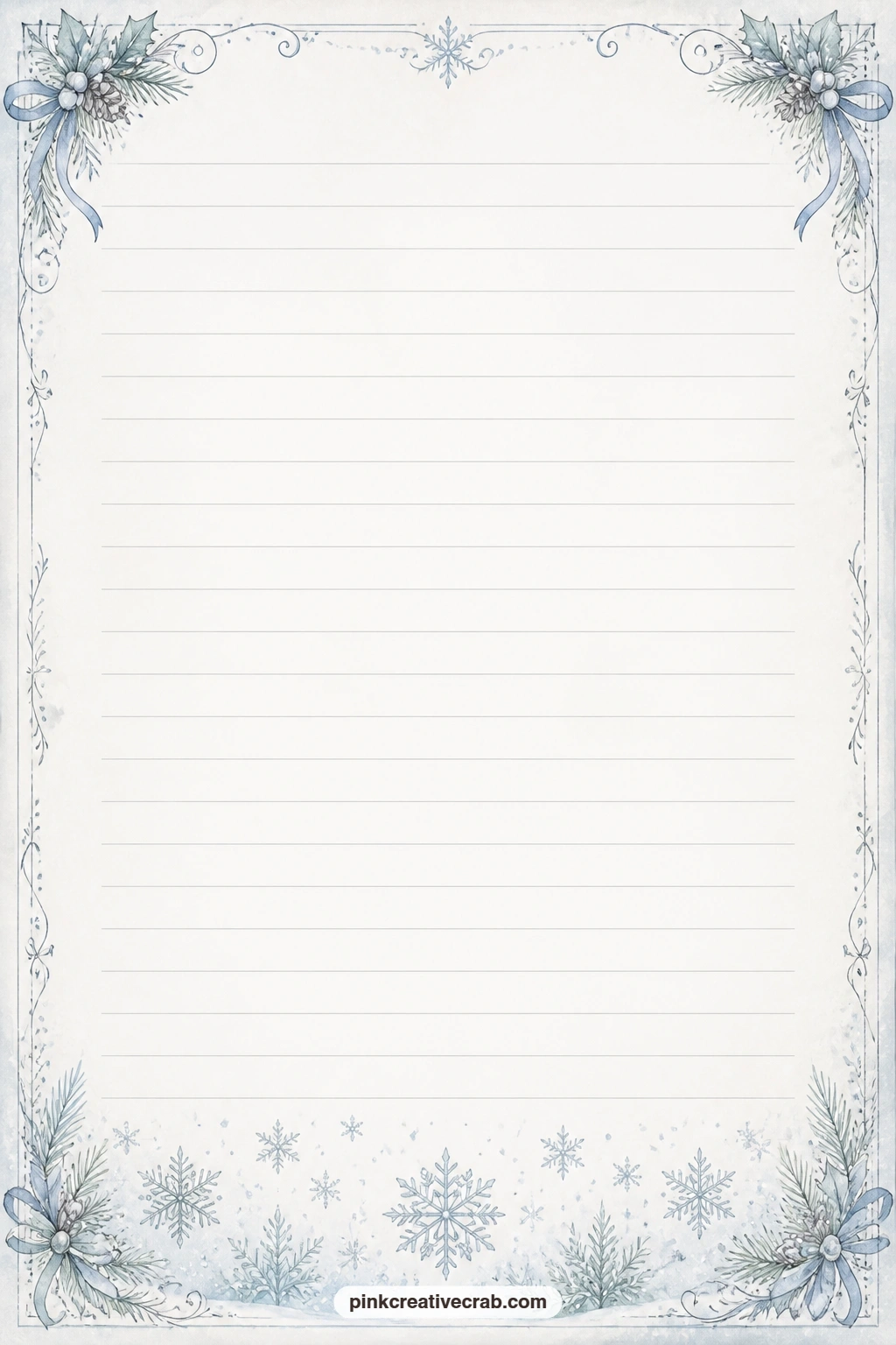 Frosted Snowflake Footer Lined Page printable page — Close the journal's writing section with this one, keeping the footer of frosted snowflakes light enough