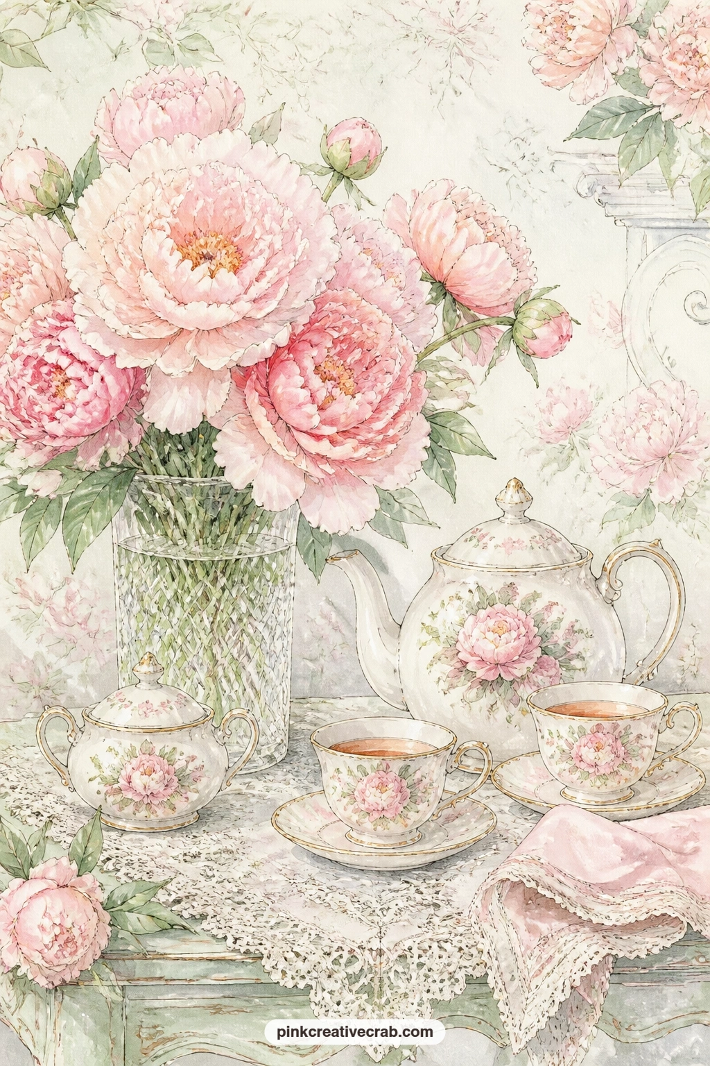 Peonies Beside the Teapot printable page — Soft blush peonies lean out of a crystal vase next to a teapot set on a lace runner, the kind of page that opens a