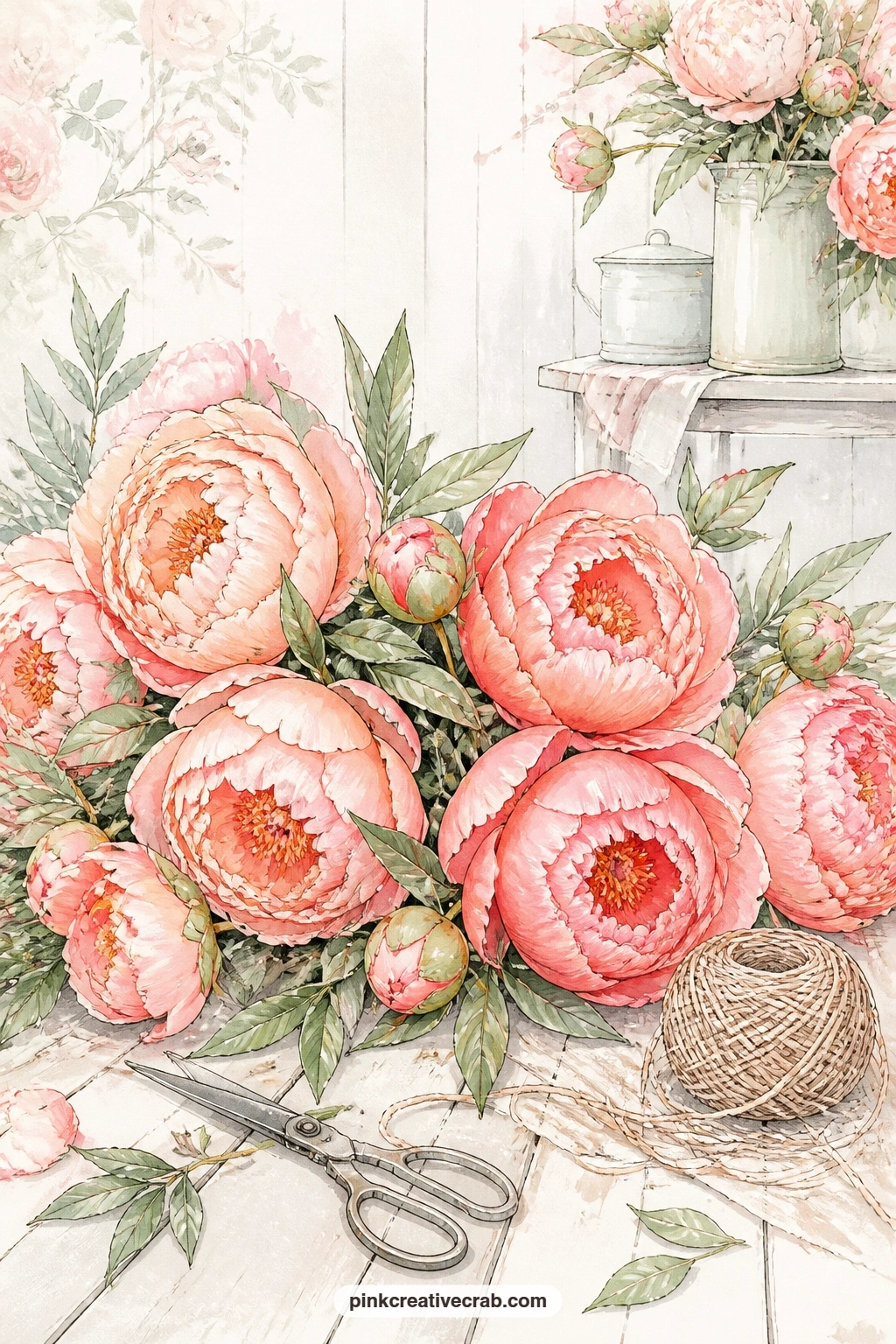 Armful of Coral Peonies on the Table printable page — Pair this one with the ruffled peony row lined page later in the set: glue this scene on the left, the