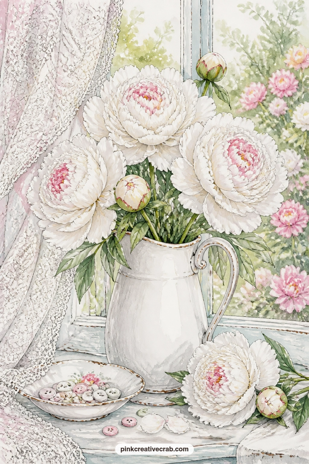 White Peonies by the Window printable page — White peonies fill an ironstone pitcher set on a windowsill, with a lace curtain, a small dish of buttons and a