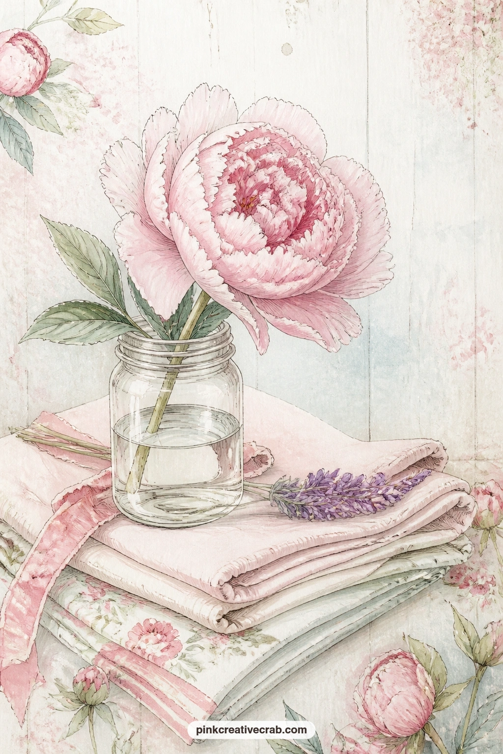 Blush Peony in a Jar on Linen printable page — The usual mistake with a quiet page like this is leaving too much bare table around the jar, which flattens the