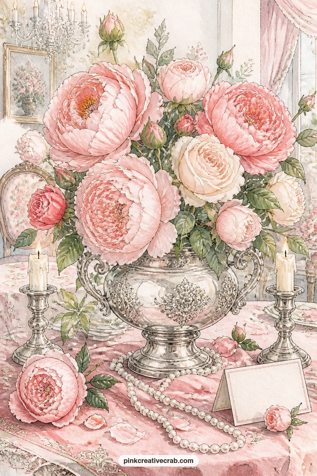 Peonies and Roses in the Silver Urn printable page — Peonies and roses fill a silver urn standing on a velvet runner, with candle stubs, a strand of pearls and