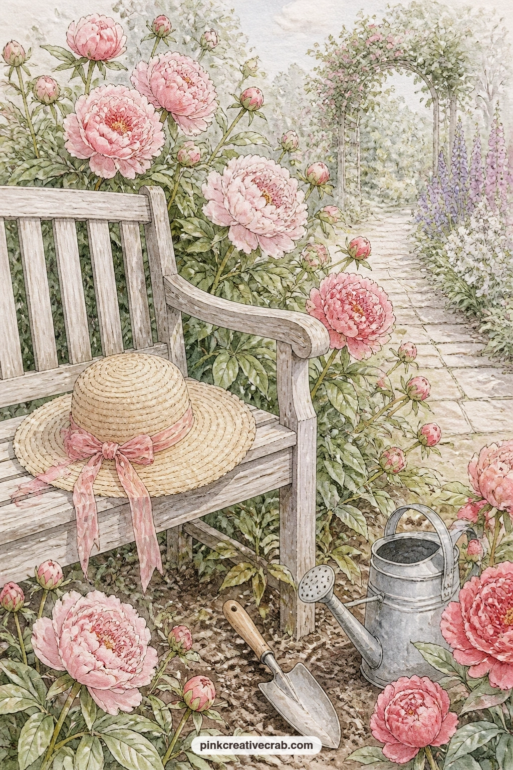 Peony Garden Bed and the Sun Hat printable page — This page suits a reader working on a garden-lover's gift journal, someone who spends her weekends on her