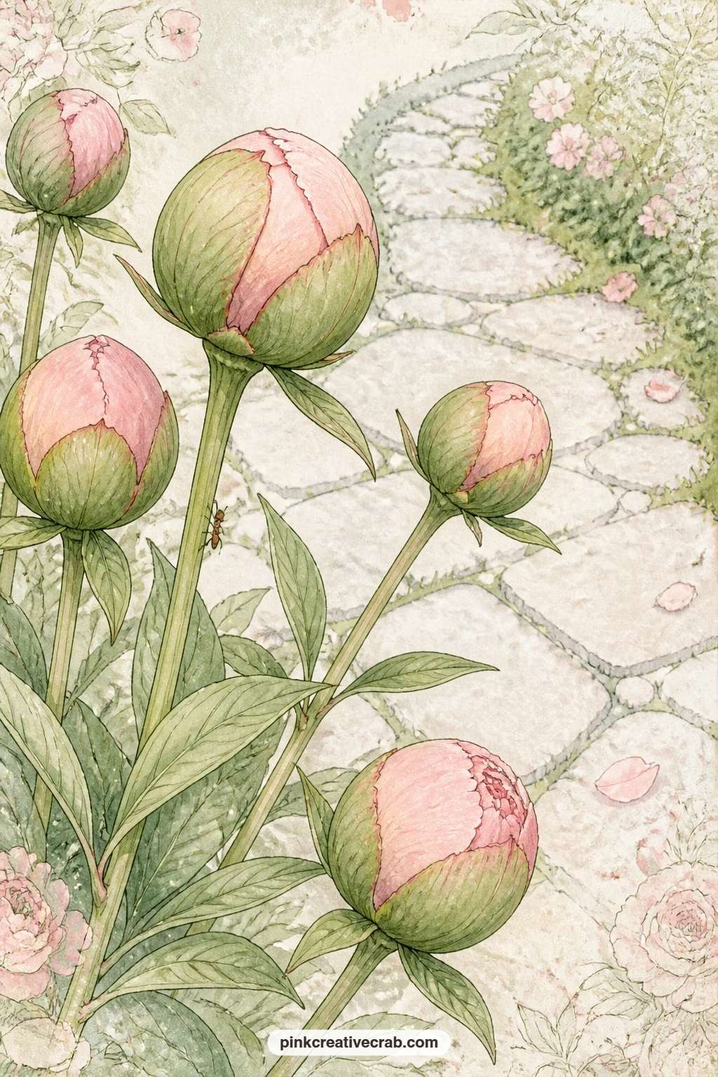 Peony Buds and the Tiny Ant printable page — Try a five minute version of this page: paint just the row of buds along the path edge and the single ant, skip