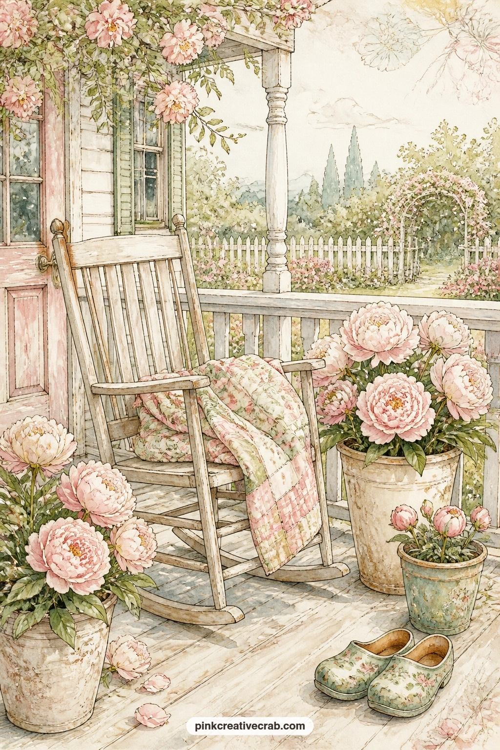Cottage Porch With Potted Peonies printable page — A rocking chair sits on a cottage porch beside pots of ruffled peonies, with a folded quilt over the chair