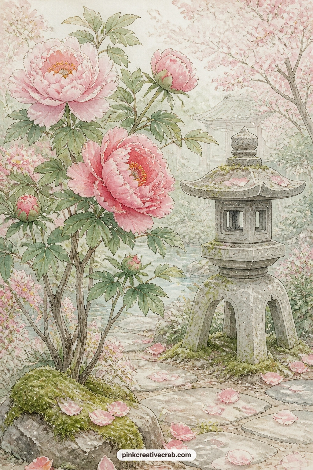 Tree Peony by the Stone Lantern printable page — A tree peony blooms in full ruffled form beside a stone garden lantern, with moss at its base and a scatter of