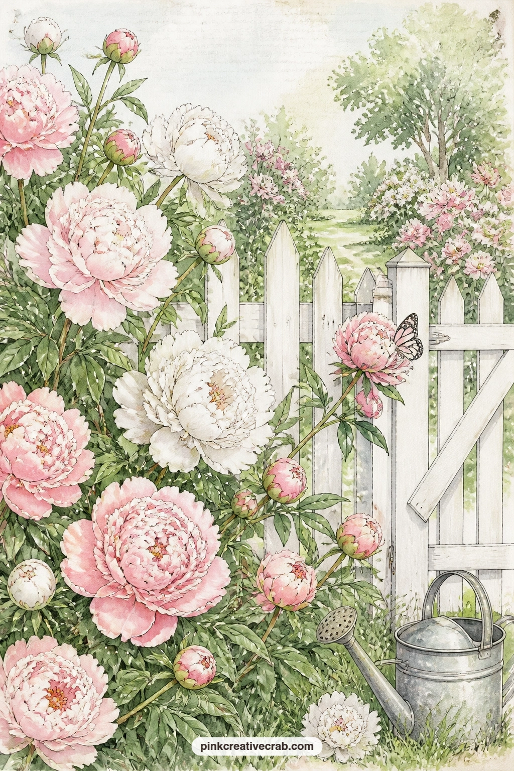 Peony Hedge Along the Picket Fence printable page — A row of peonies grows thick along a white picket fence, with a watering can left in the grass and a