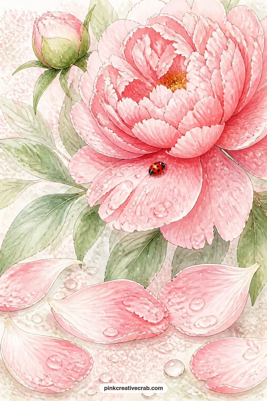 Ladybug on the Pink Petal printable page — A ladybug rests on a single pink peony petal still wet from rain, with a few more petals scattered beneath and tiny