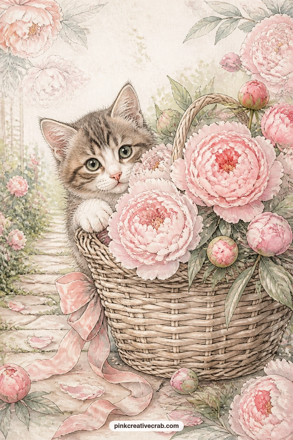 Kitten Behind the Peony Basket printable page — Write the name of a new kitten, or the date she came home, somewhere along the edge of this page, it turns a