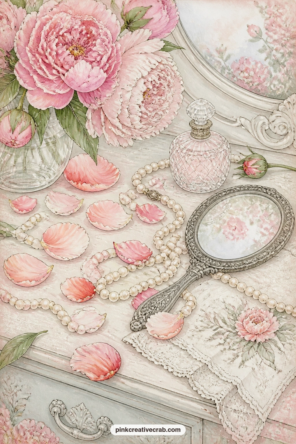 Petals on the Pearl Vanity printable page — Peony petals lie scattered across a vanity table set with a strand of pearls and a hand mirror, with a glass