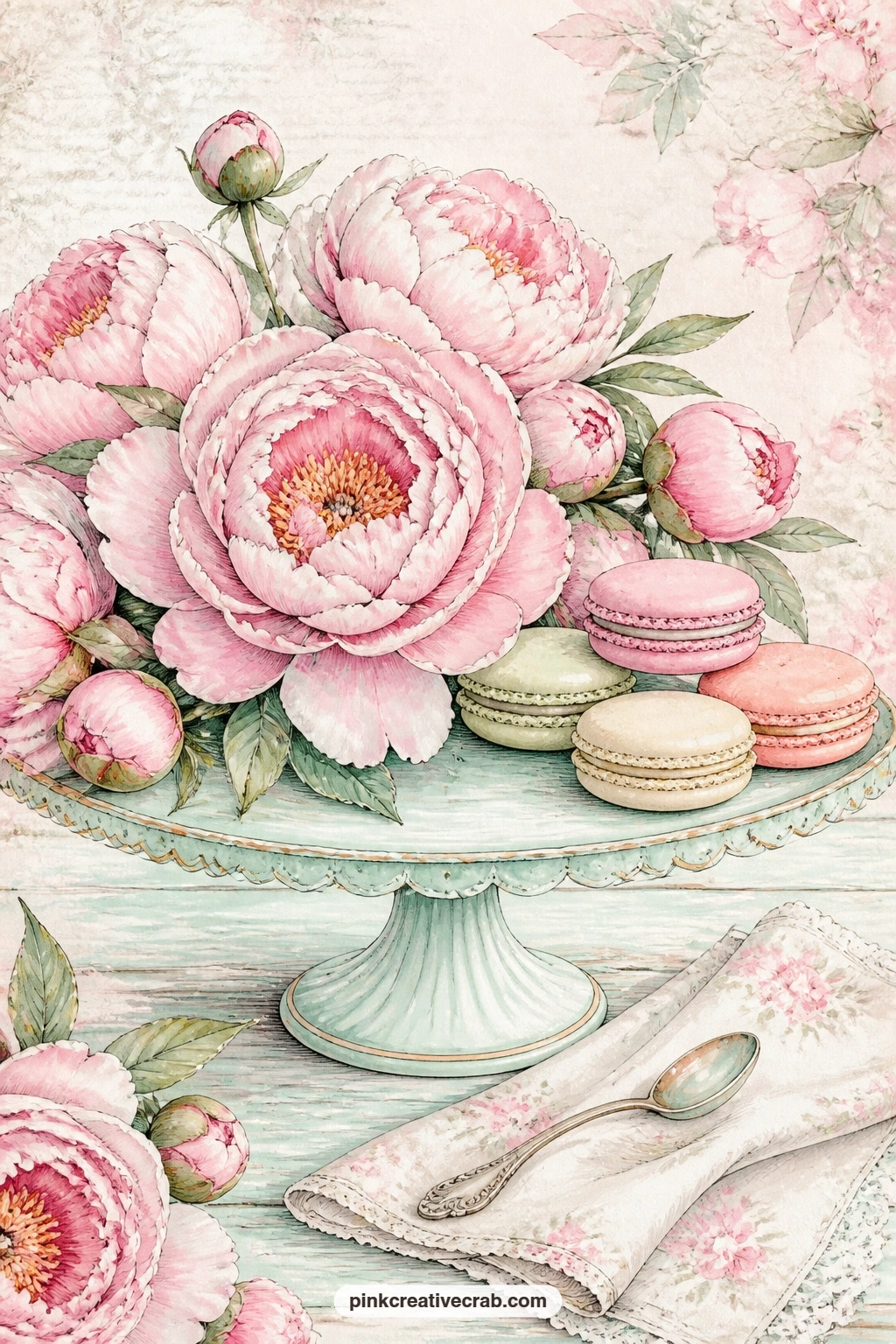 Peonies and Macarons on the Cake Stand printable page — Pair this scene with the tiny blush peonies pattern from this set as a pocket lining behind a tea party