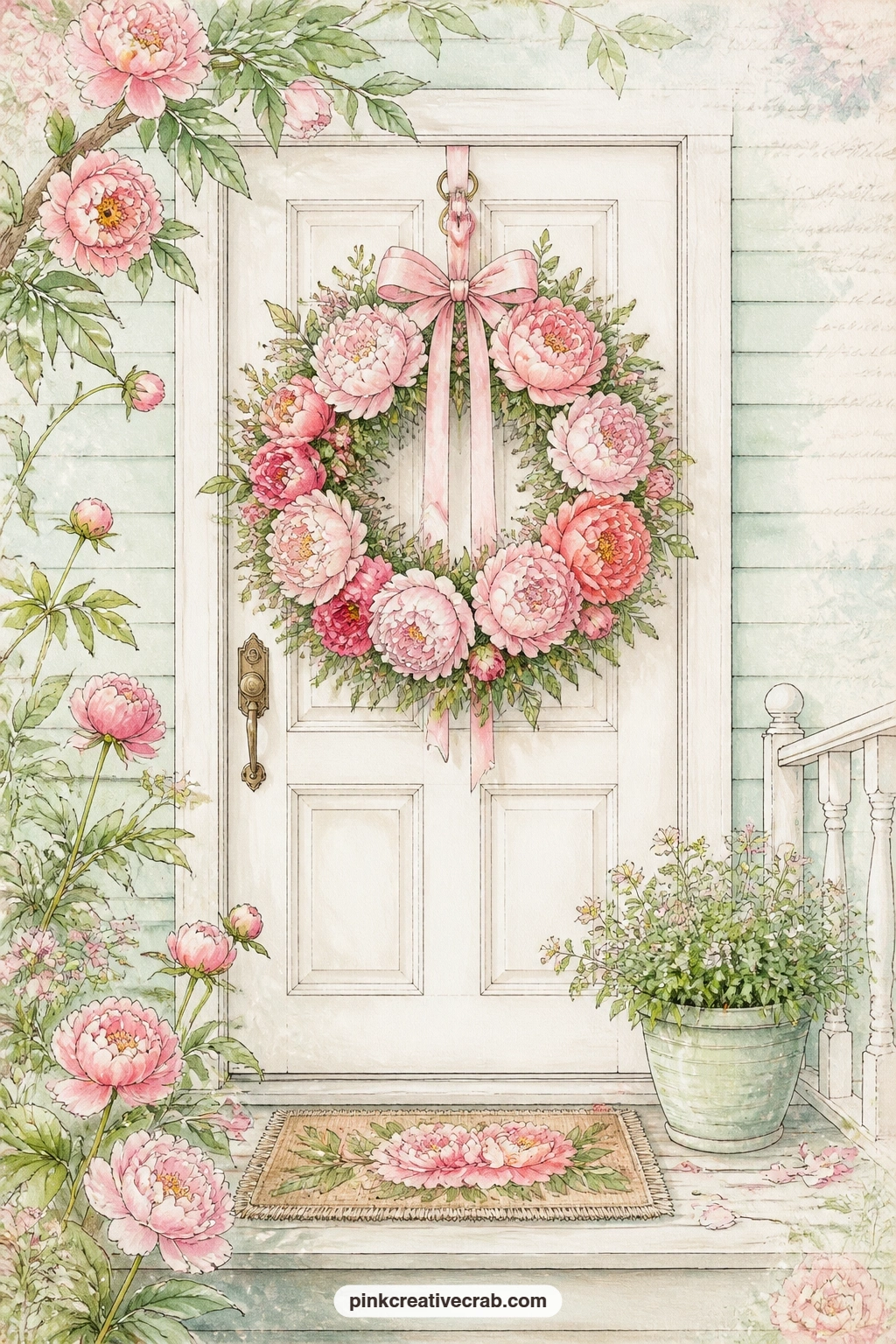 Peony Wreath on the Front Door printable page — A peony wreath hangs on a white front door, tied with a trailing ribbon, with a small welcome mat below and a