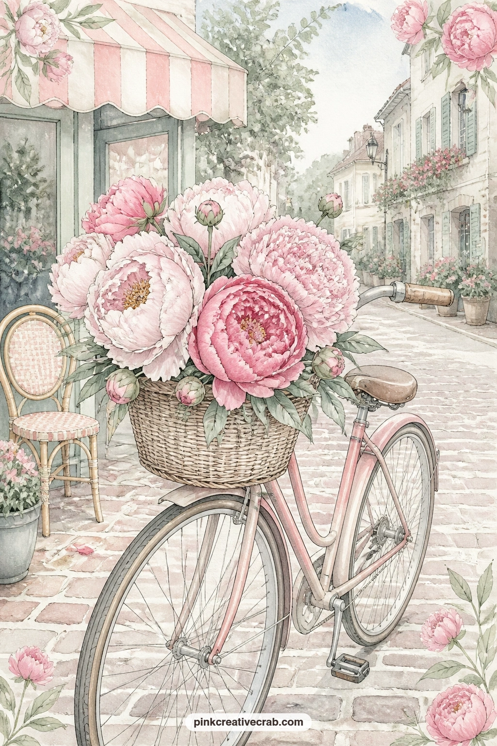 Peony Bouquet in the Bicycle Basket printable page — A question for the entry on this page: where would you ride to, if the whole afternoon was free and the
