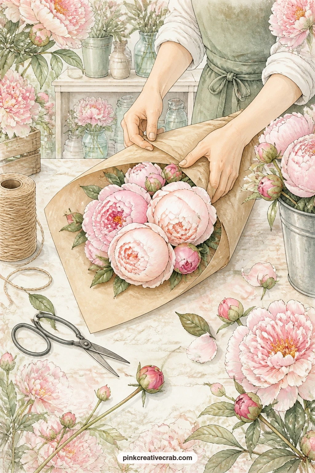 Florist Wrapping Peonies in Kraft Paper printable page — The usual mistake here is painting the workbench too tidy, which loses the busy florist feeling this
