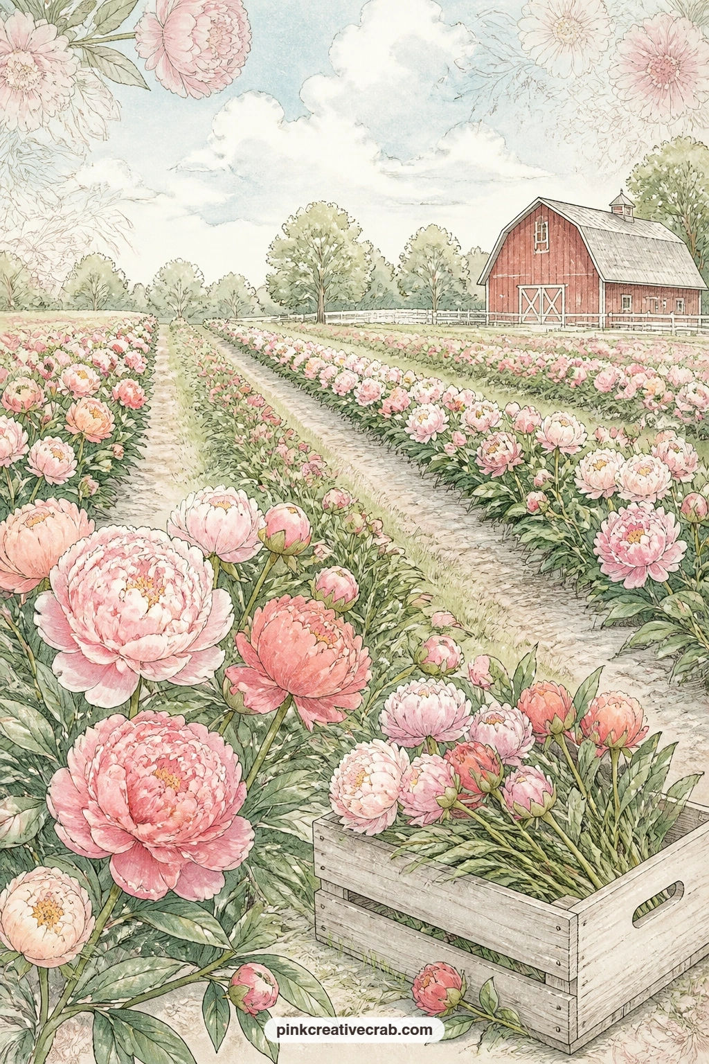 Rows of Peonies at the Flower Farm printable page — Neat rows of peonies stretch across a flower farm field, with a red barn standing at the far edge and a