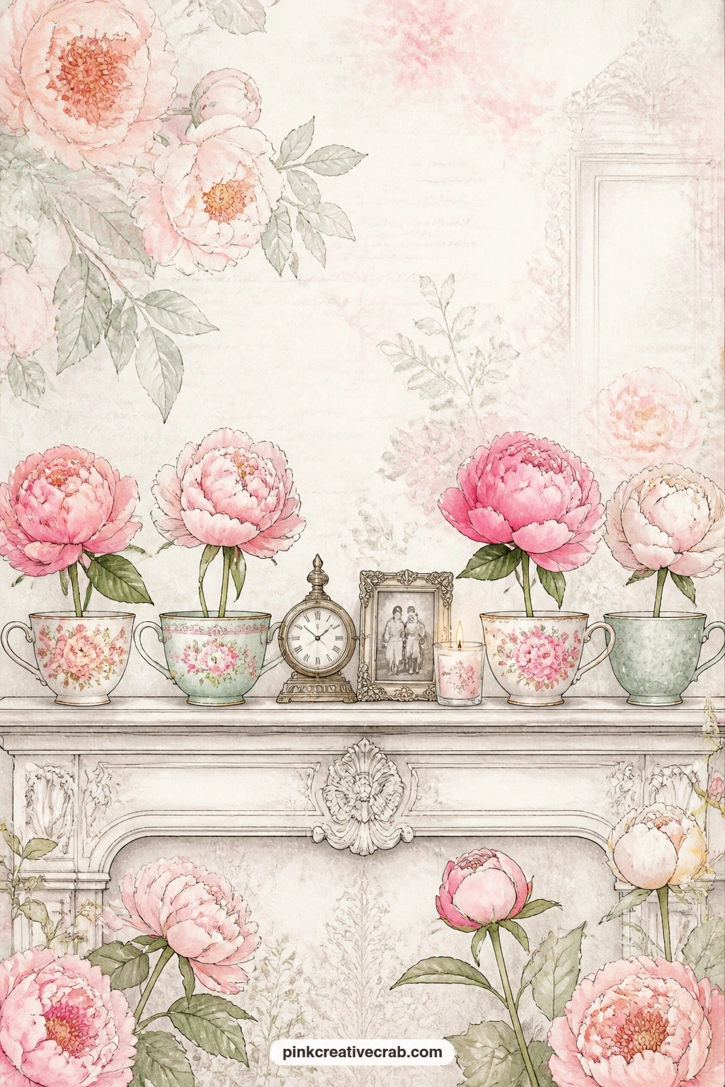 Teacups of Peonies on the Mantel printable page — A line of mismatched teacups holds single peony stems along a mantel, with a small clock, a framed photo and