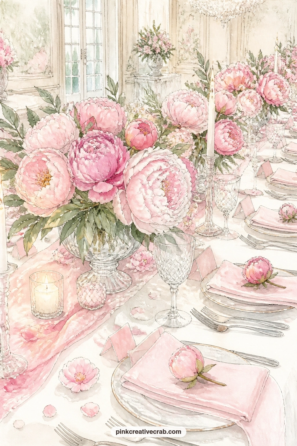 Wedding Table With Peony Centerpieces printable page — This page suits the bride in a gift journal, or anyone planning a wedding of her own, it is built for