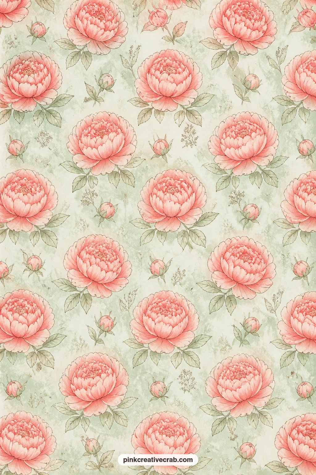 Coral Peony Heads on Mint printable page — Coral peony heads float in loose rows across a soft mint background, good under a bouquet photo, folded into an