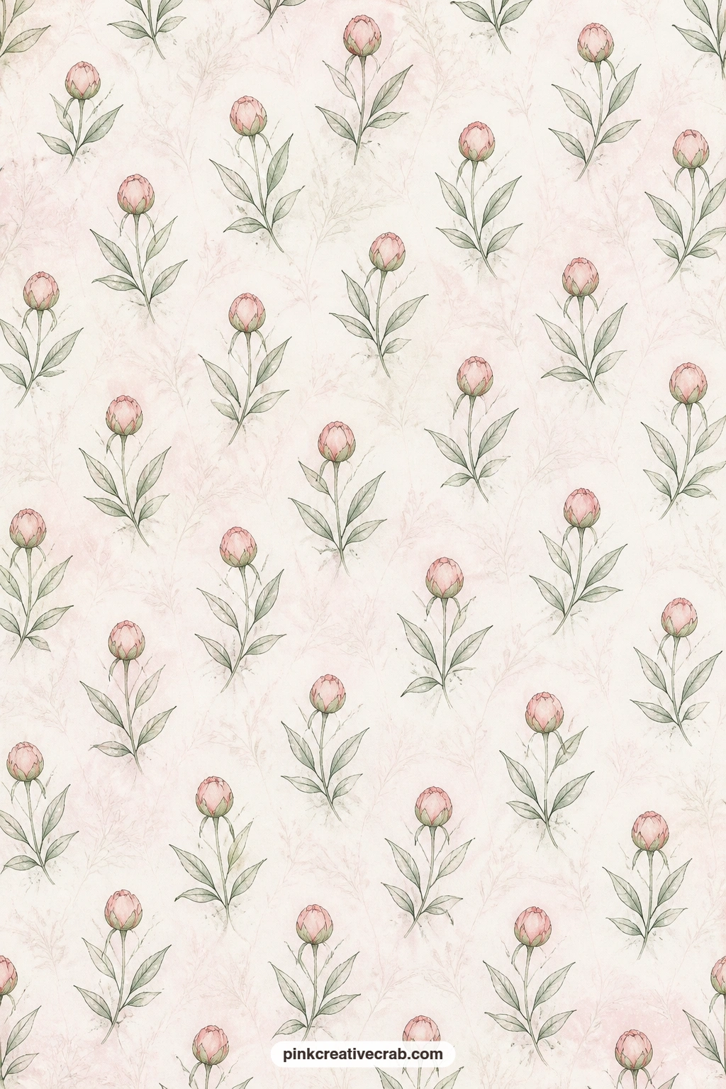 Peony Buds and Leaves Pattern printable page — Closed peony buds and small leaves trail in a quiet pattern across pale pink paper, suited to a pocket for