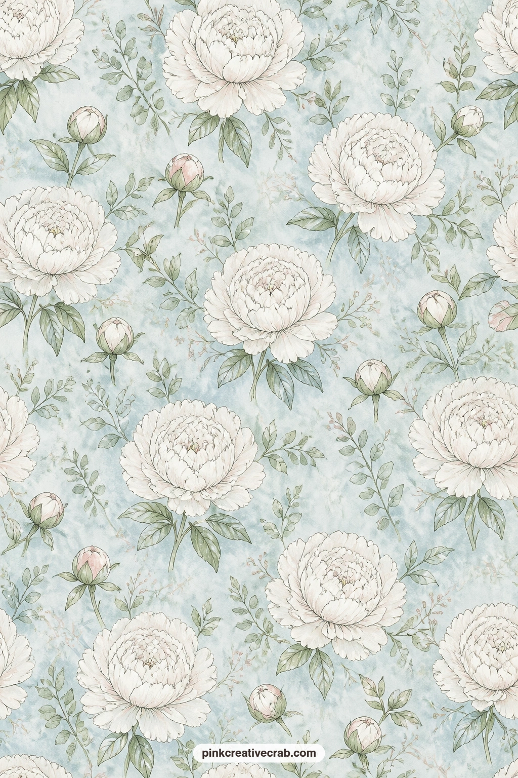 White Peonies on Dusty Blue printable page — White peonies sit in a calm repeating pattern across dusty blue paper, lovely behind a black and white photo, as a
