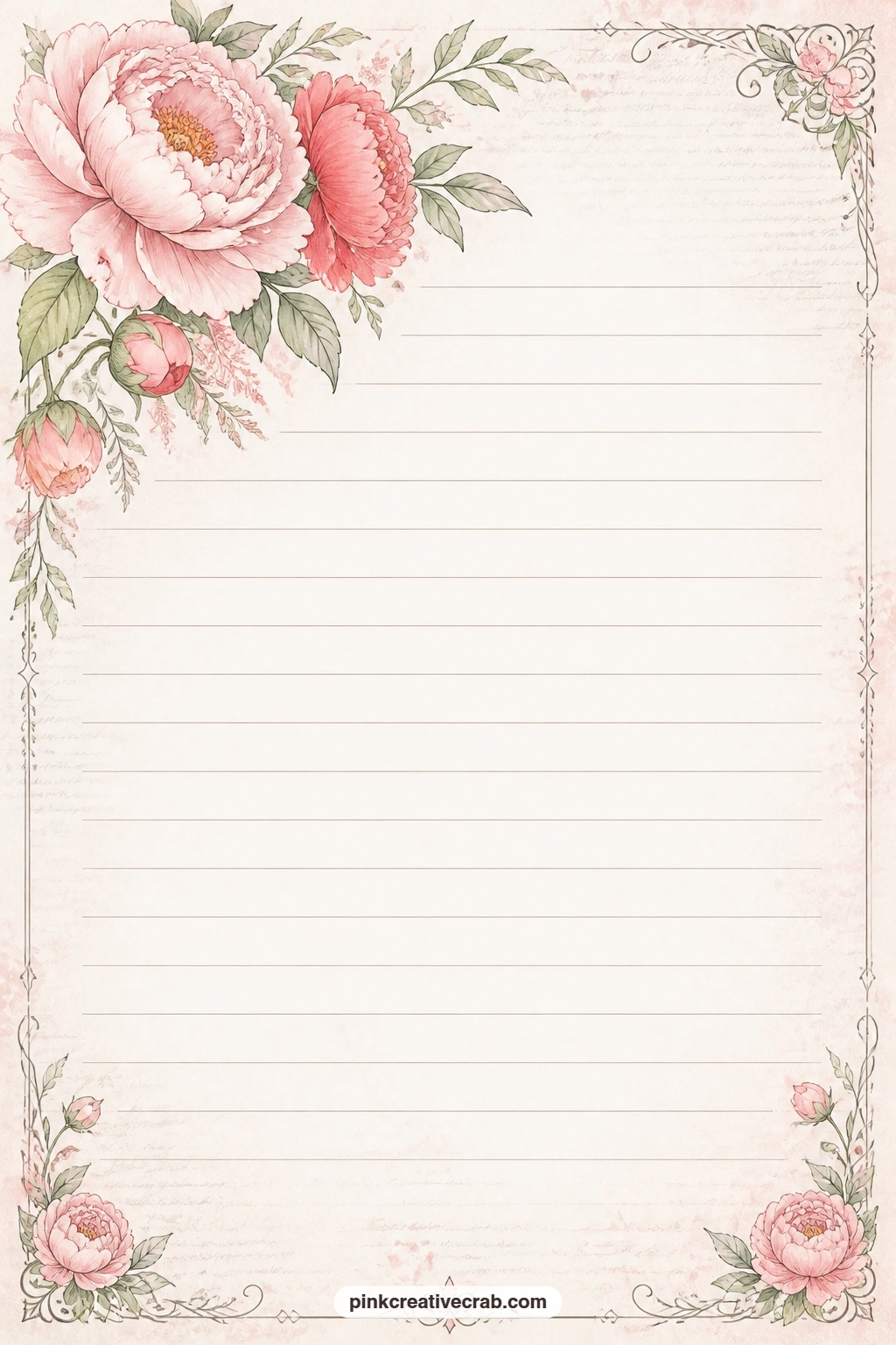 Peony Bouquet Corner Lined Page printable page — A loose peony bouquet fills one corner of this lined page, leaving the ruled lines open for a gift list, a