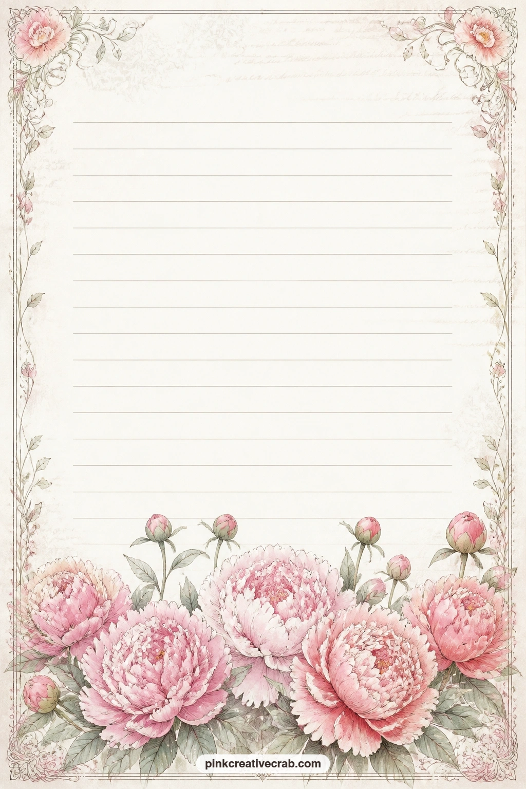 Ruffled Peony Row Bottom Border Lined Page printable page — A row of ruffled peonies runs along the bottom edge of this lined page, perfect for a recipe copied