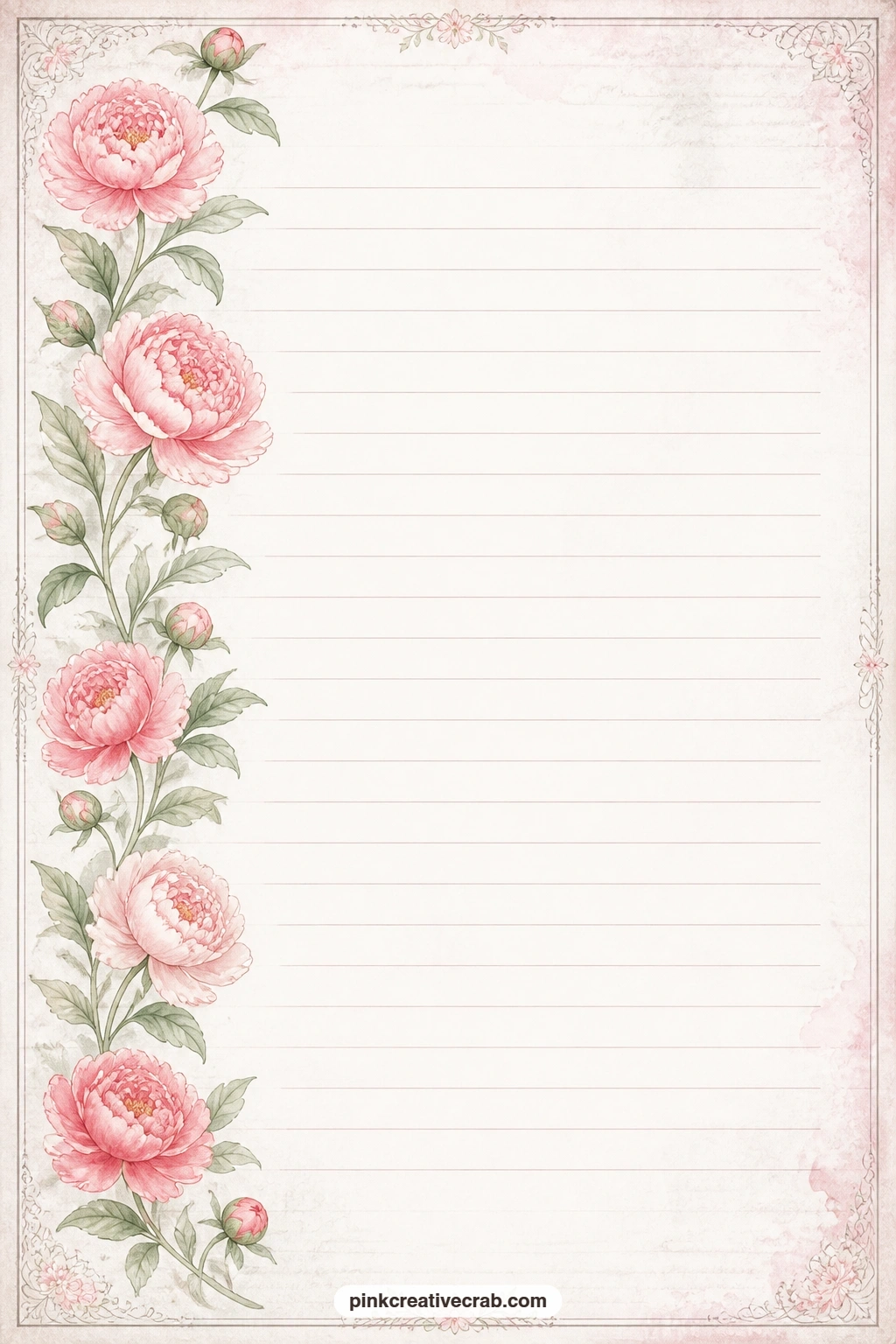 Peony and Bud Vine Border Lined Page printable page — A slim vine of peonies and buds climbs down one side of this lined page, leaving room for a packing list