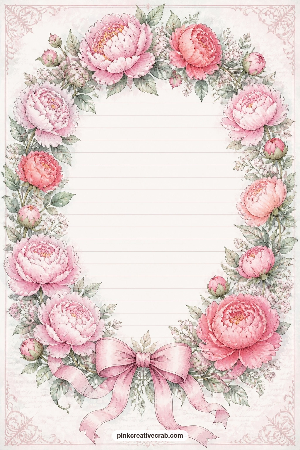 Peony Wreath With Ribbon Frame Lined Page printable page — A peony wreath tied with ribbon frames the whole page, leaving the center open for a wedding toast