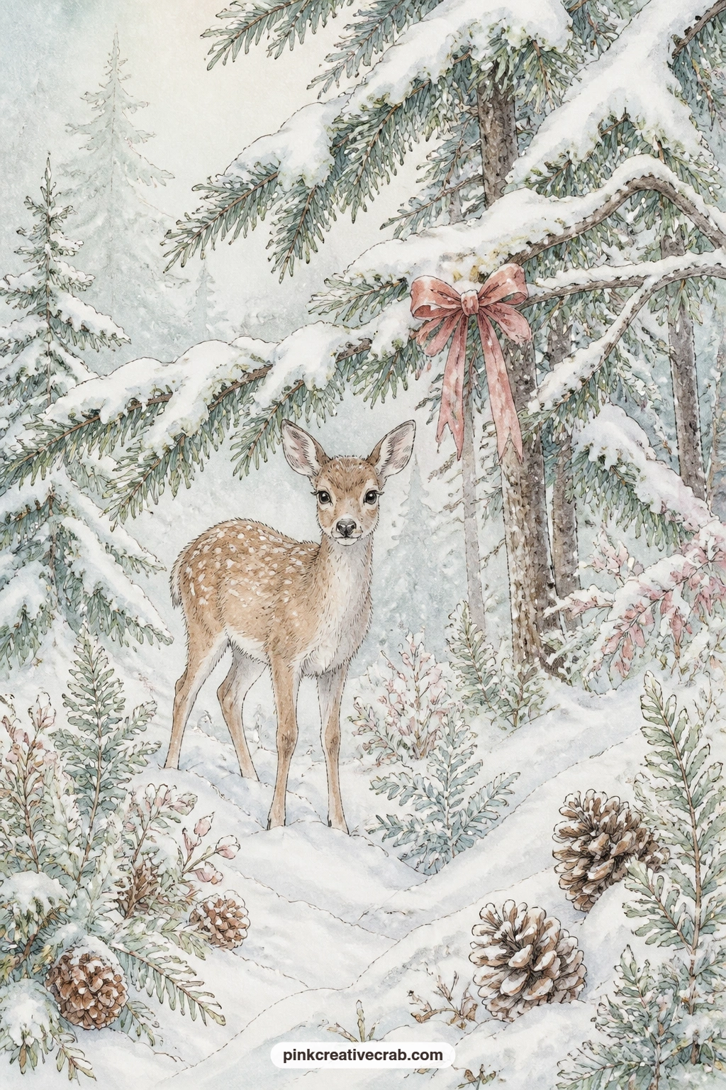 Deer Under Snowy Pines printable page — Tuck a short wish for the season onto this page, a single line about what you hope the next month feels like, right