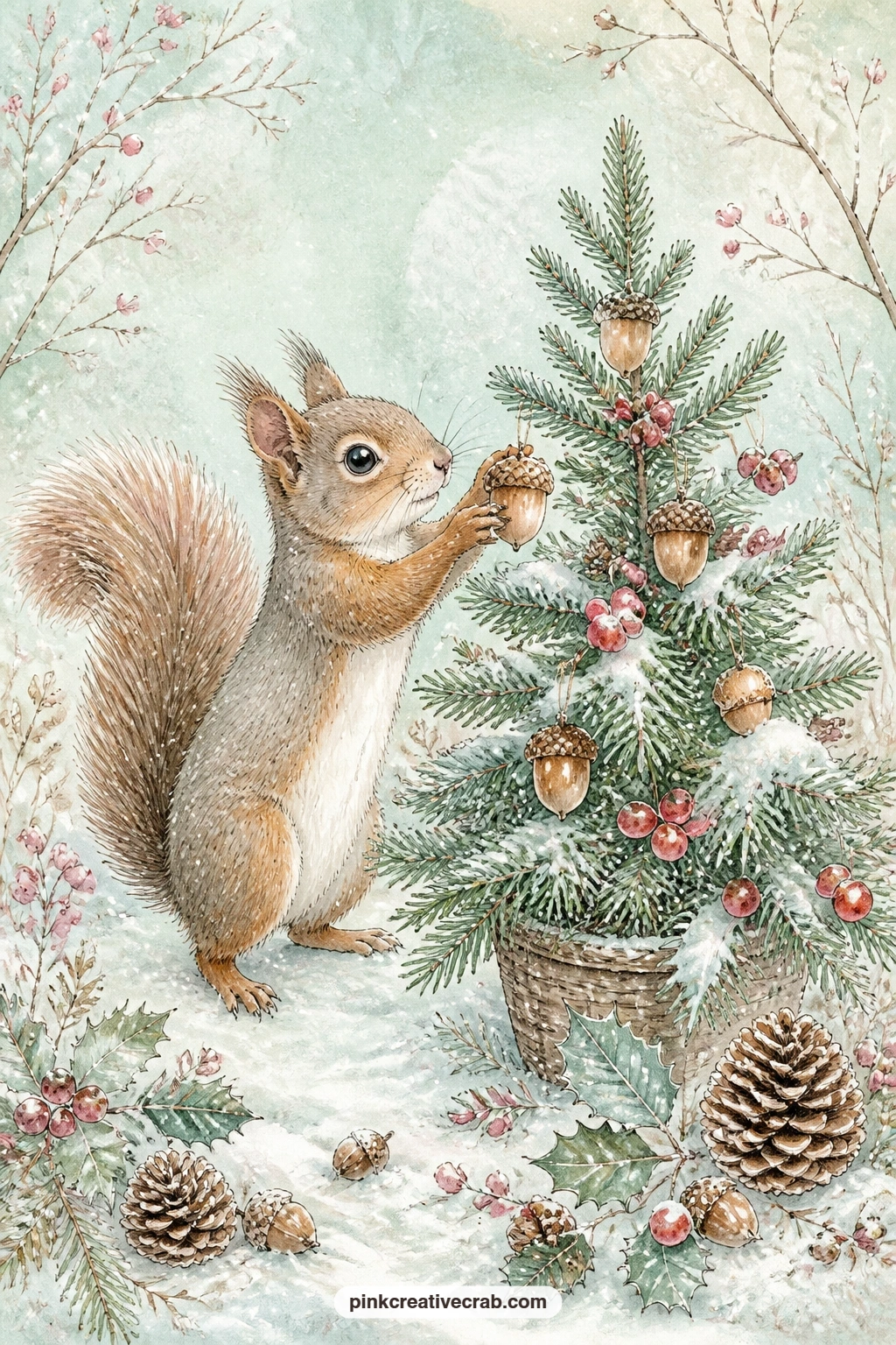 Squirrel Decorating A Fir Tree printable page — Pair this page with the tiny pinecone and acorn pattern from the background set, using a strip of it as a