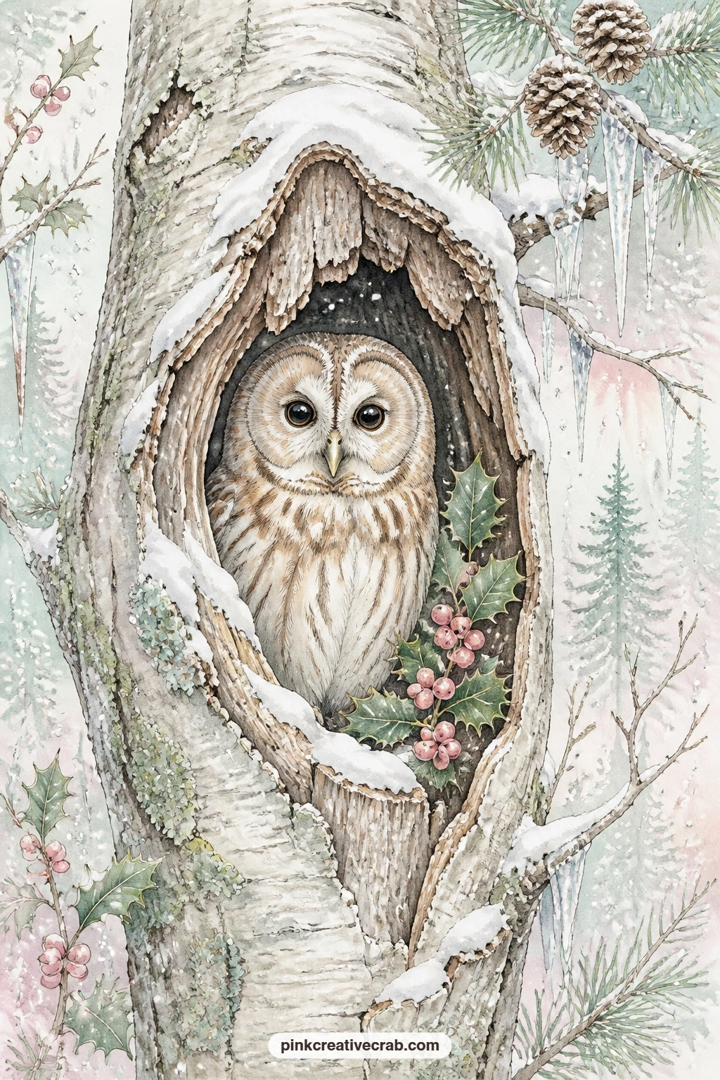 Owl In A Hollow Tree printable page — Try tea-staining just the bottom edge of this page before gluing it in, so the hollow tree looks like it has always