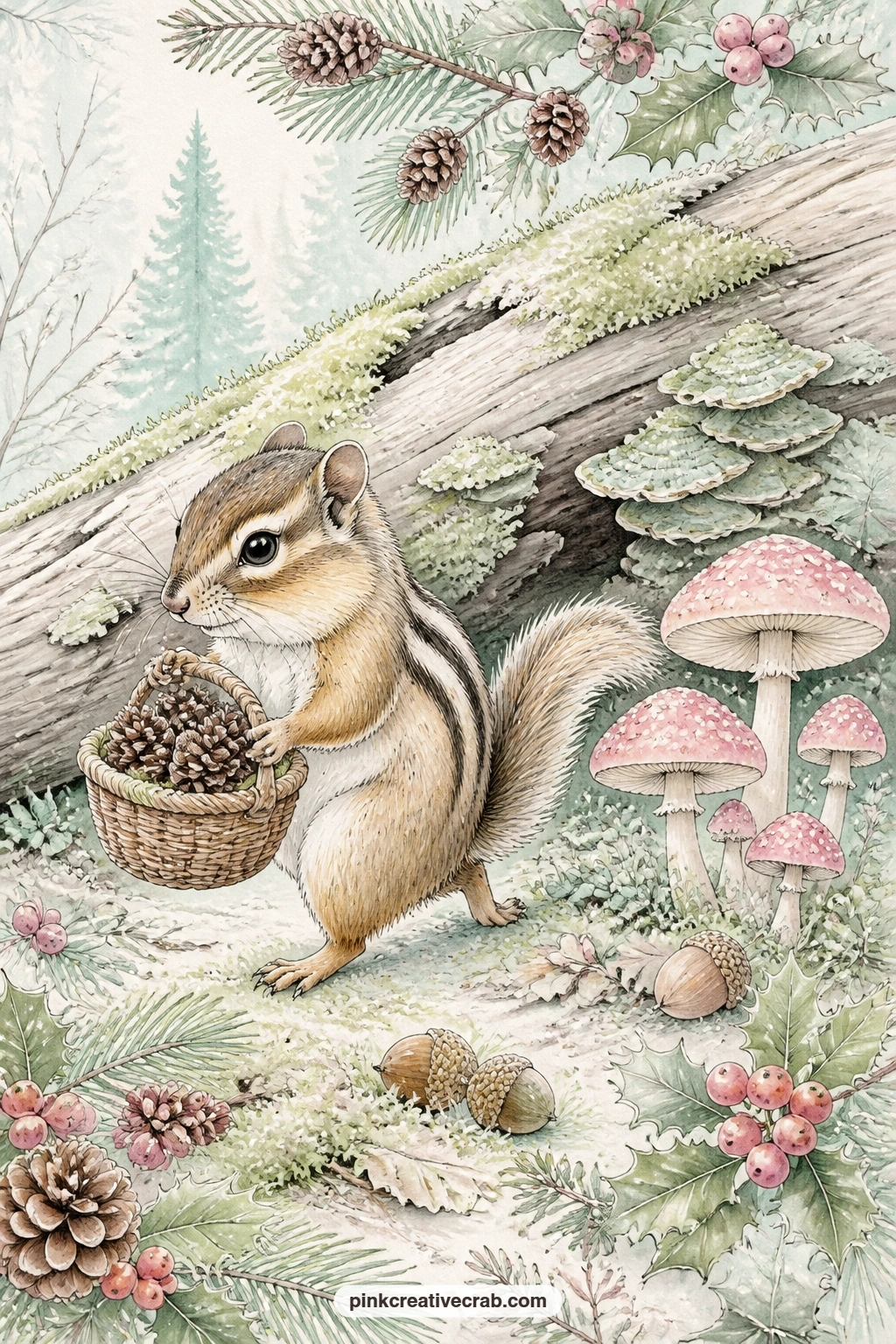 Chipmunk With Pinecone Basket printable page — The usual slip with a busy page like this one is crowding the log with too many extra bits, so keep the