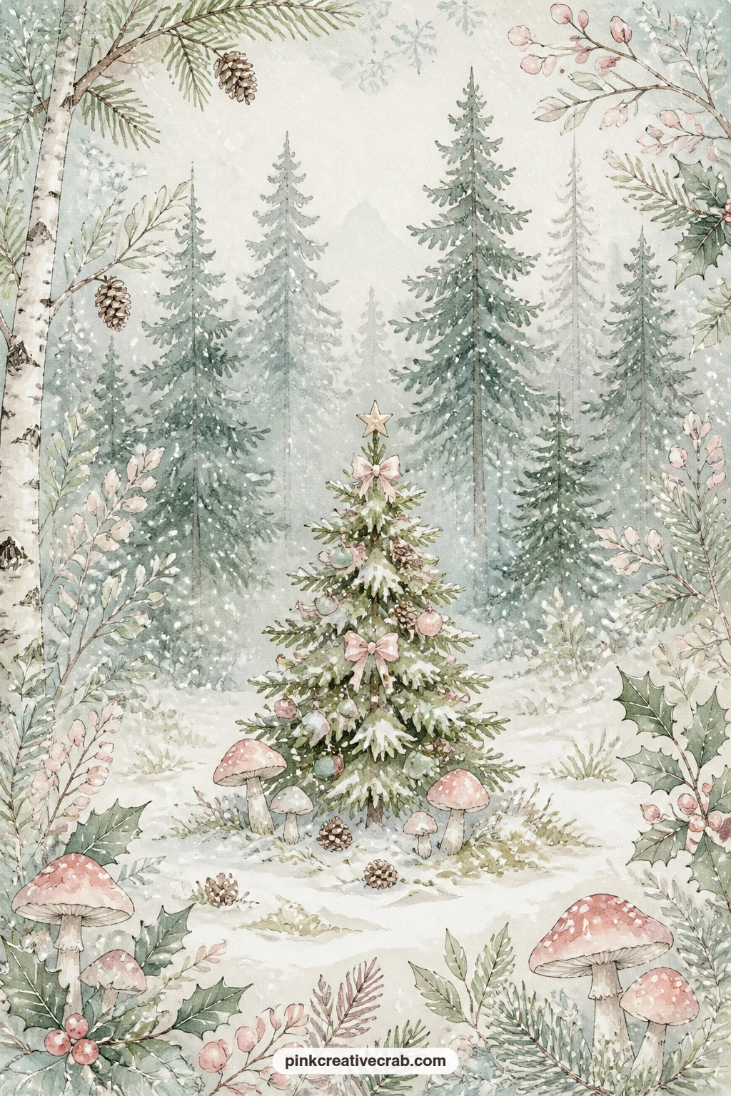 Forest Clearing With Tiny Tree printable page — A forest clearing opens up around a tiny decorated tree, with mushrooms at its base and snow falling softly