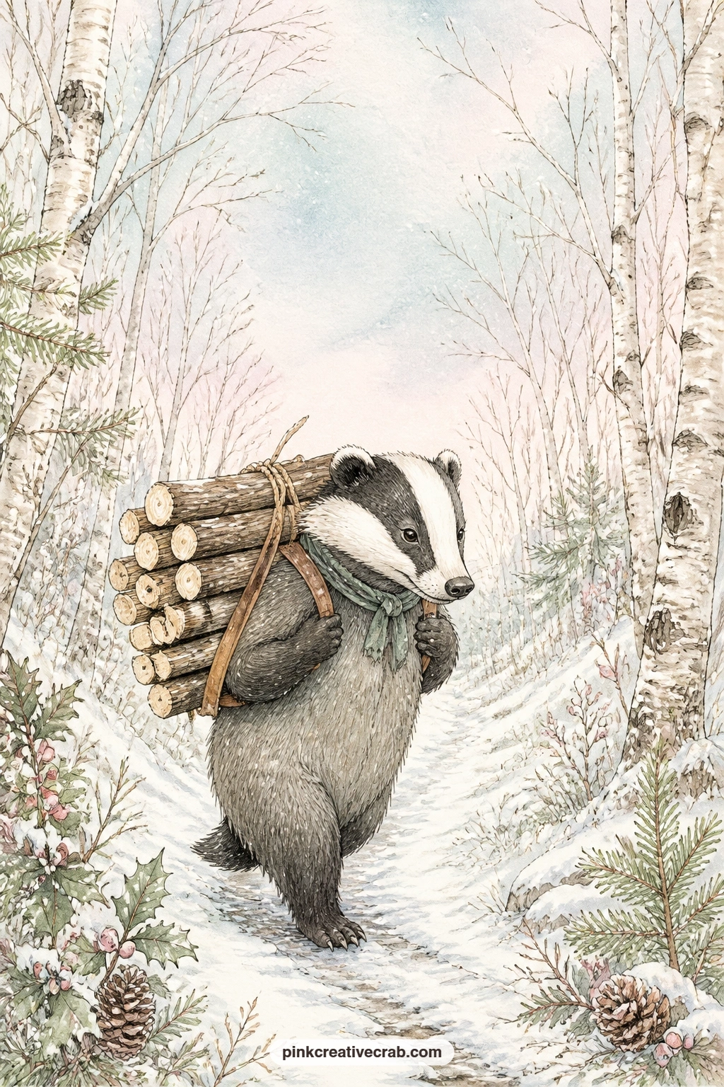 Badger Carrying Firewood printable page — Good page for the reader in your gift journal who loves a quiet errand more than a party, give her this one to write