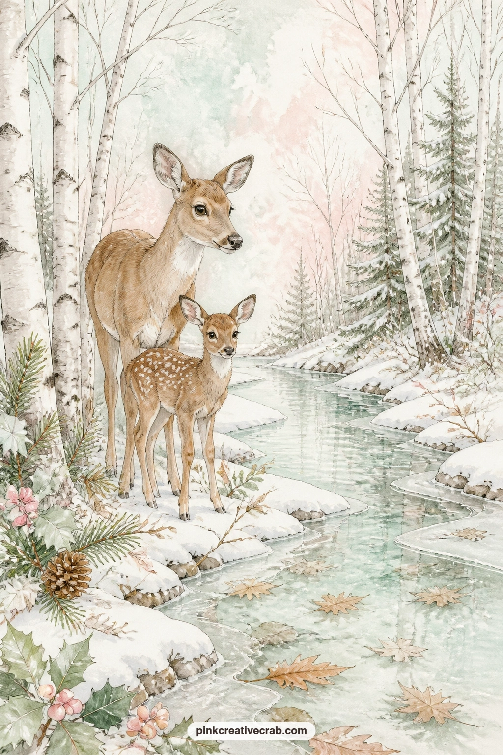 Mother Deer And Fawn By Creek printable page — What would you tell this fawn about its first winter, write it as a short note tucked beside the frozen creek.