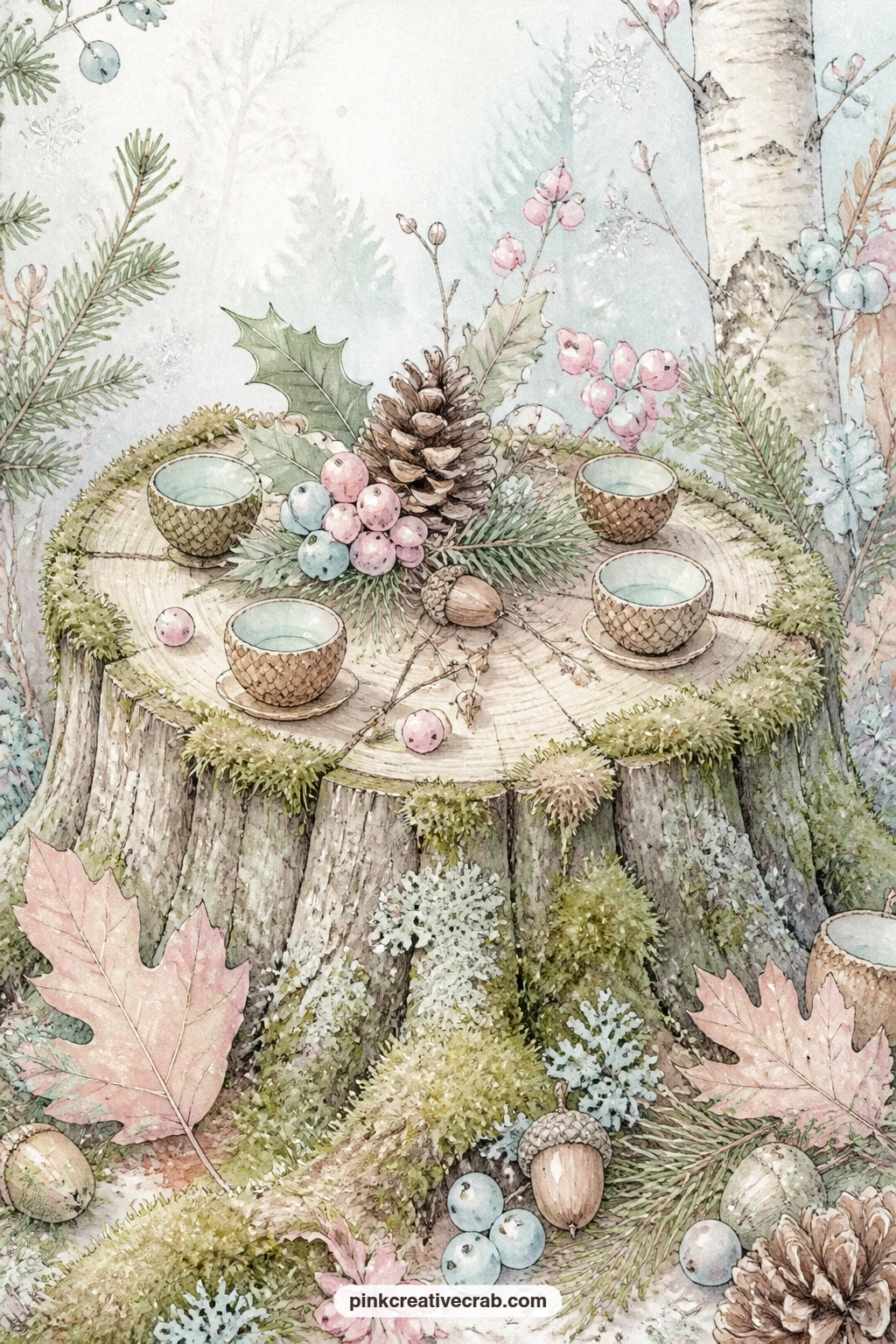 Mossy Stump Table Setting printable page — Place this page across from the pinecone garland lined page so the acorn cups and berries on the stump sit near a