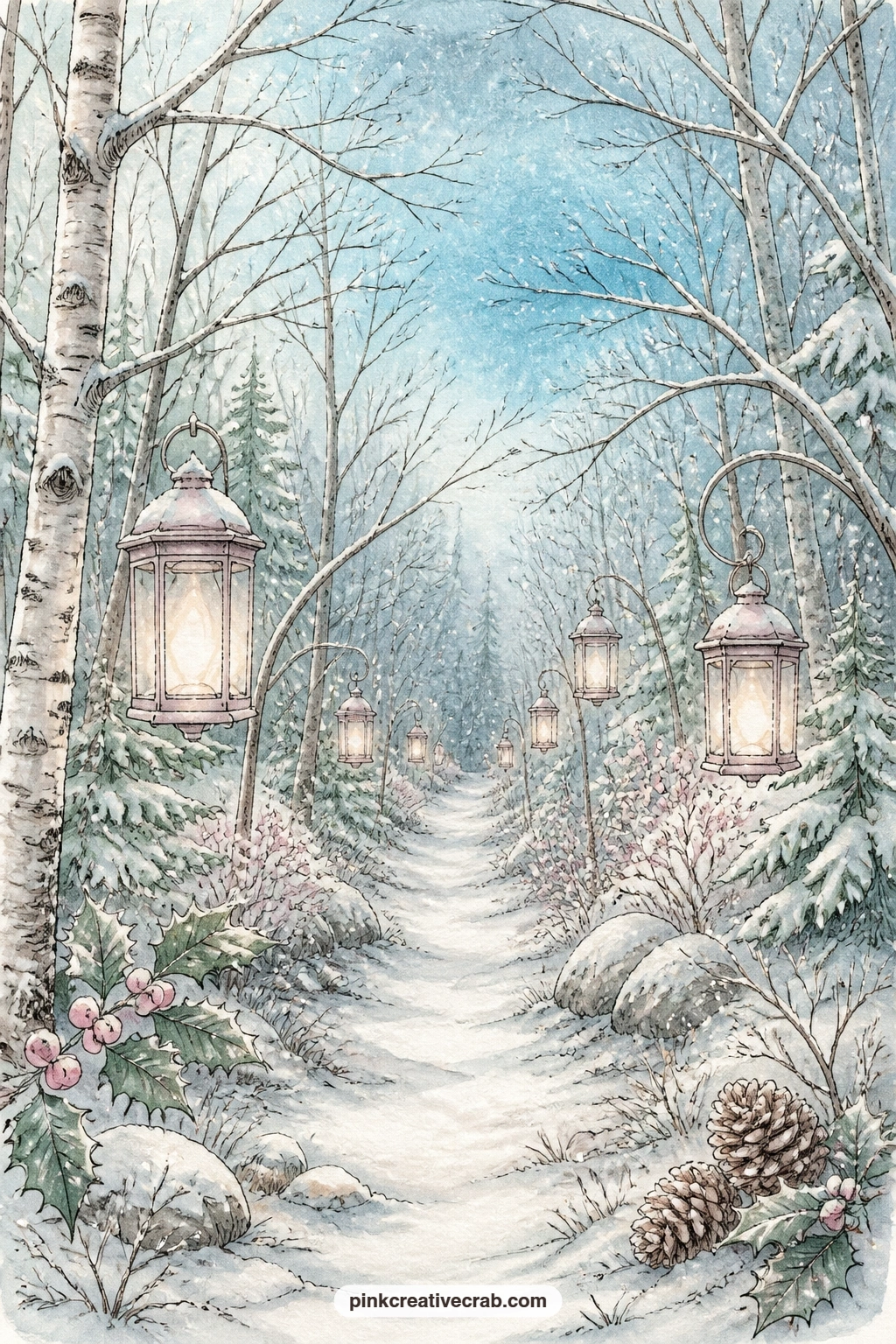 Woodland Path With Lanterns printable page — Glue a small paper lantern cutout onto one of the hanging branches here, or simply trace one of the painted