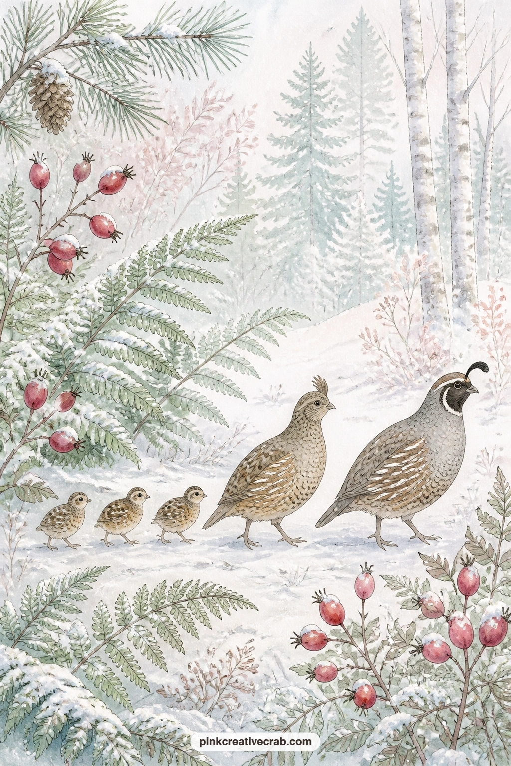 Quail Family In Snowy Ferns printable page — Five minutes is enough for this one, glue it straight in as a single page and write just one line beneath the rose