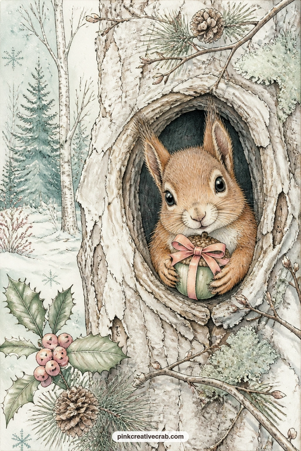 Squirrel With Wrapped Gift printable page — Write the name of someone you are making this journal for on the little wrapped acorn, a quiet way to dedicate the