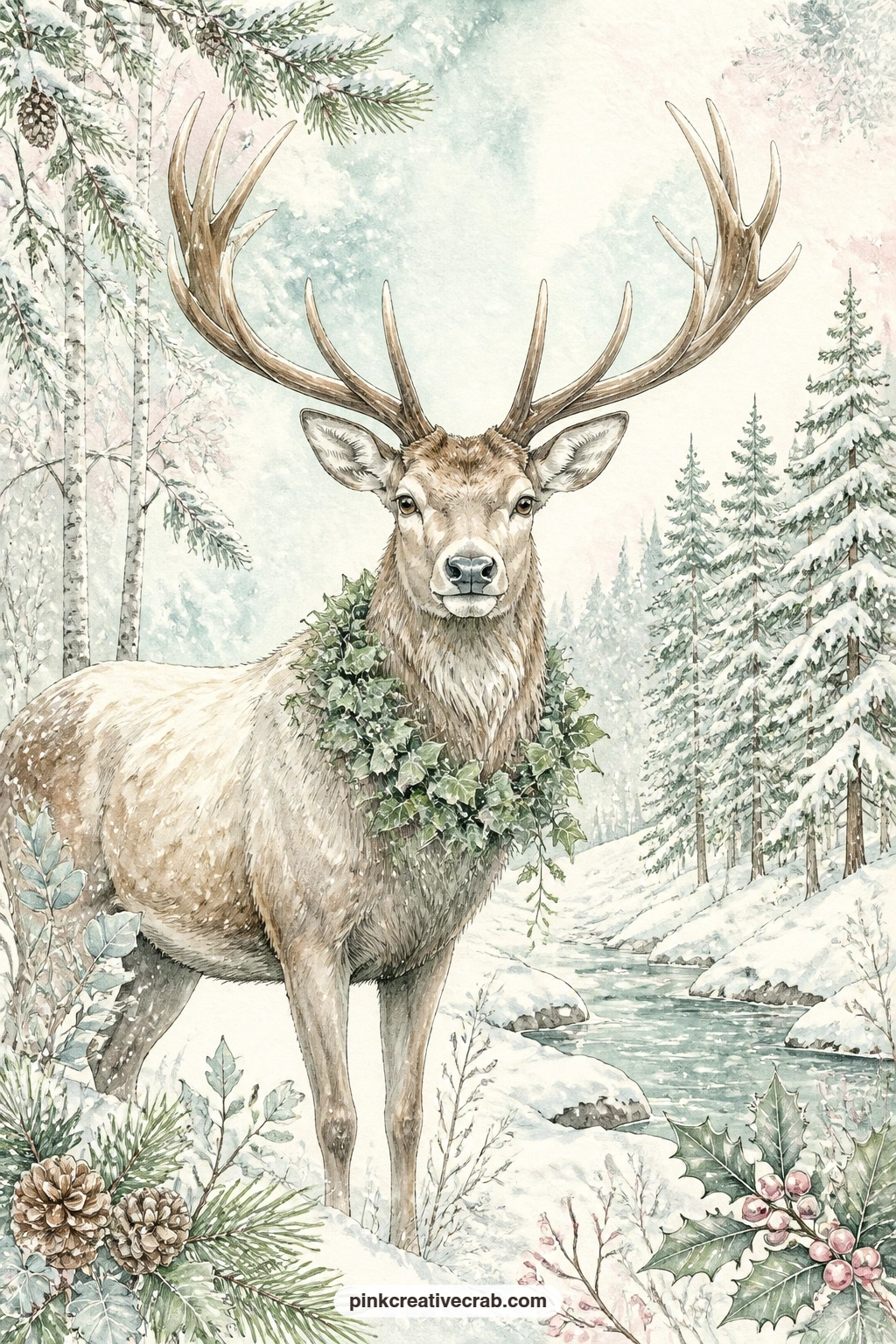 Stag With Ivy Wreath printable page — A stag crowned with a wreath of ivy stands at the edge of a snowy wood, antlers catching the last grey light of a still