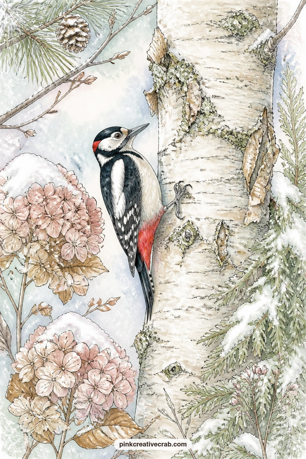 Woodpecker On Birch Trunk printable page — Beginners can glue this page in flat and plain, while a more confident journal keeper might cut a small window