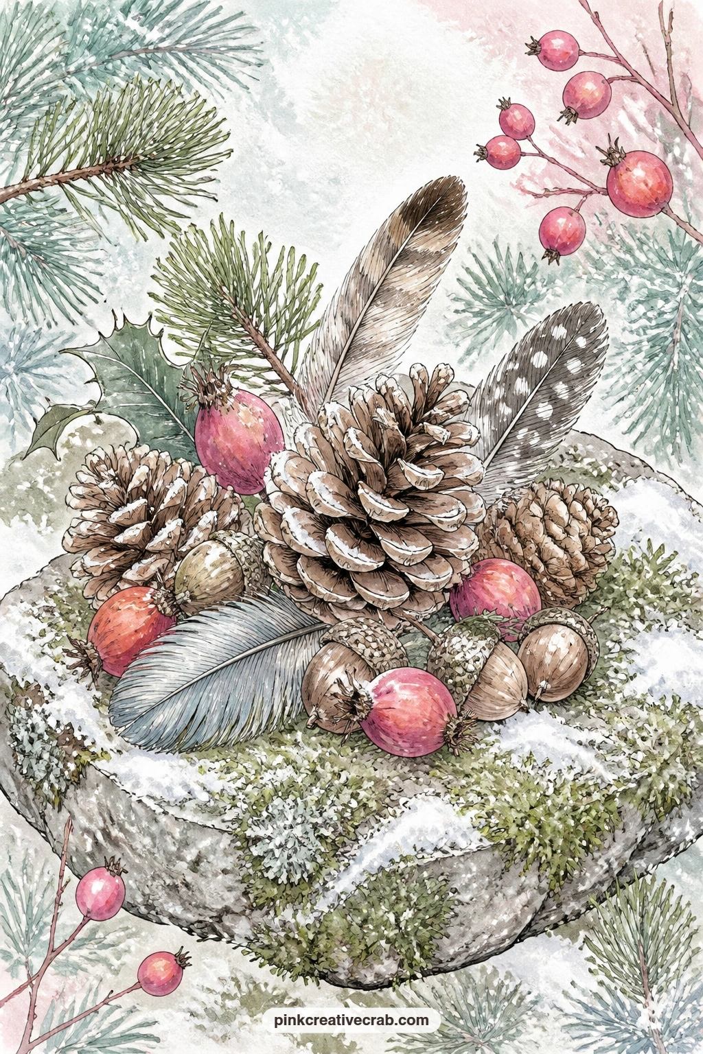 Pinecones And Feathers On Stone printable page — Gather a cluster of pinecones, acorns, rose hips and a stray feather on this one, then glue a real pressed