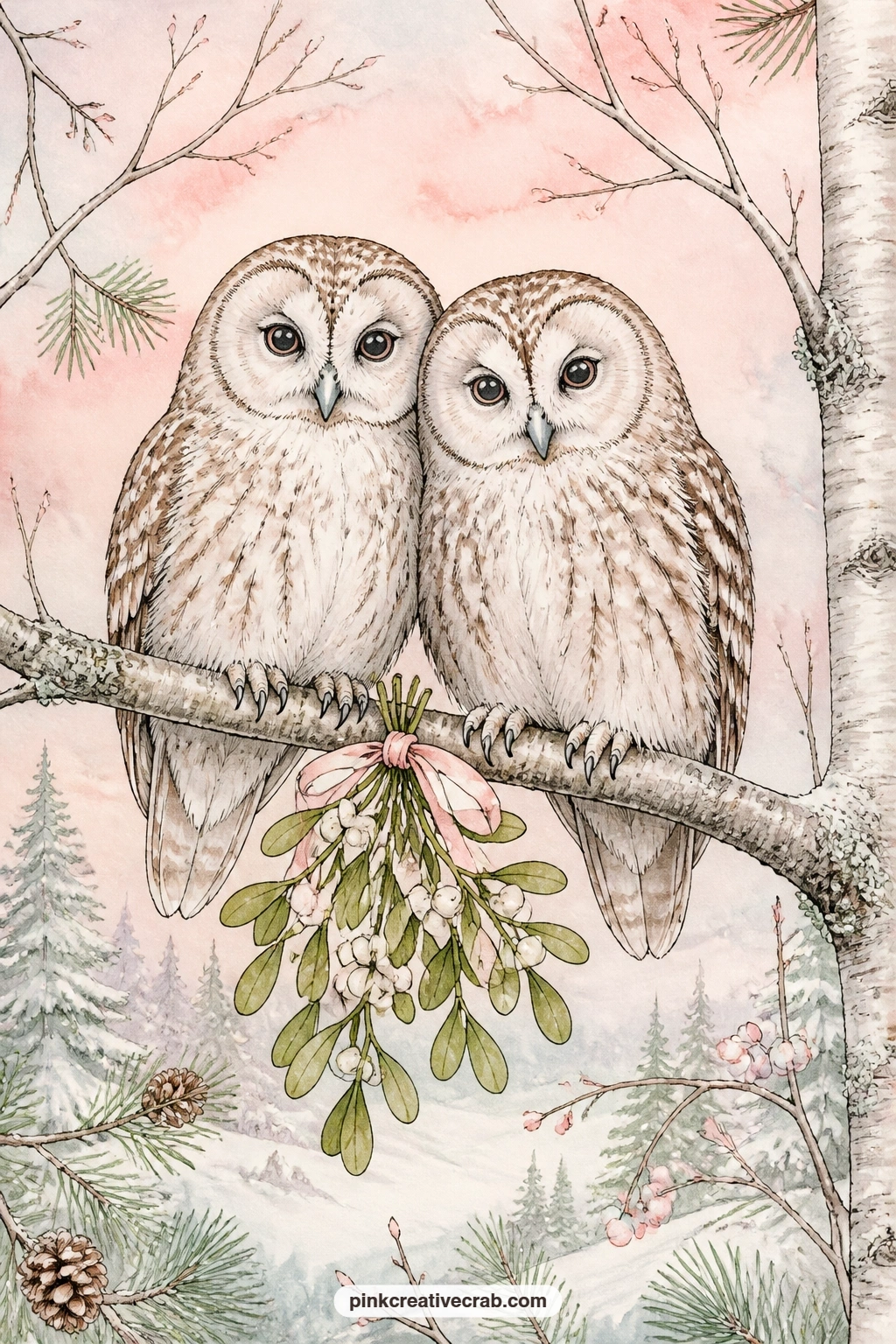 Two Owls With Mistletoe printable page — Sitting close on one branch, two owls share a sprig of mistletoe while a pale pink dusk fades behind them through the
