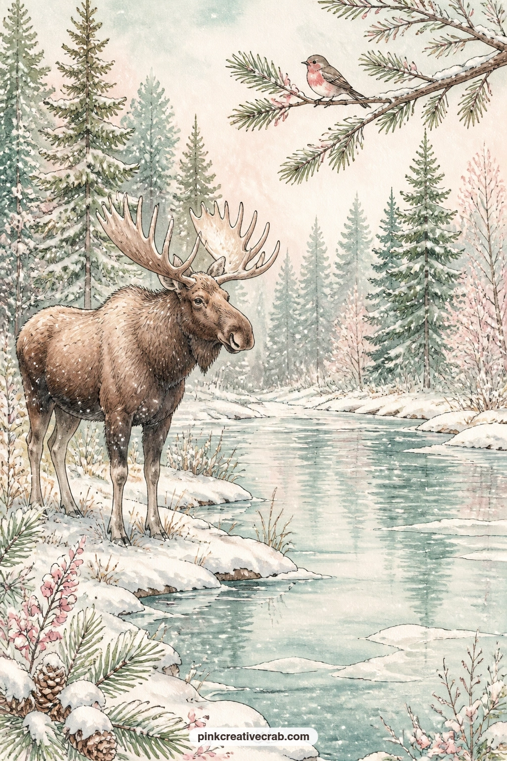 Moose By A Snowy Pond printable page — The common mistake here is painting the pond flat white, when a thin grey wash with a few darker streaks reads far