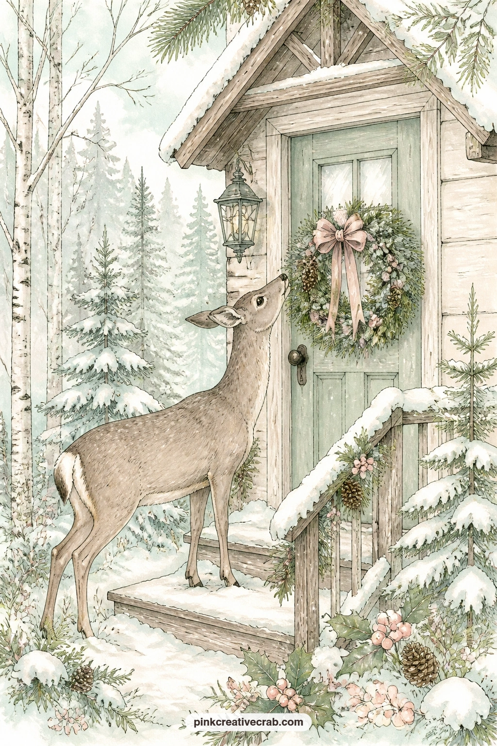 Cabin Doorstep With Deer printable page — Use this page for the friend in your gift journal who always hosts everyone at her own small cabin, giving her the